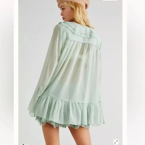 Free People Callie Sheer Flowy Light Green Ruffled Tunic Blouse Boho Drapey Chic - Picture 9 of 10